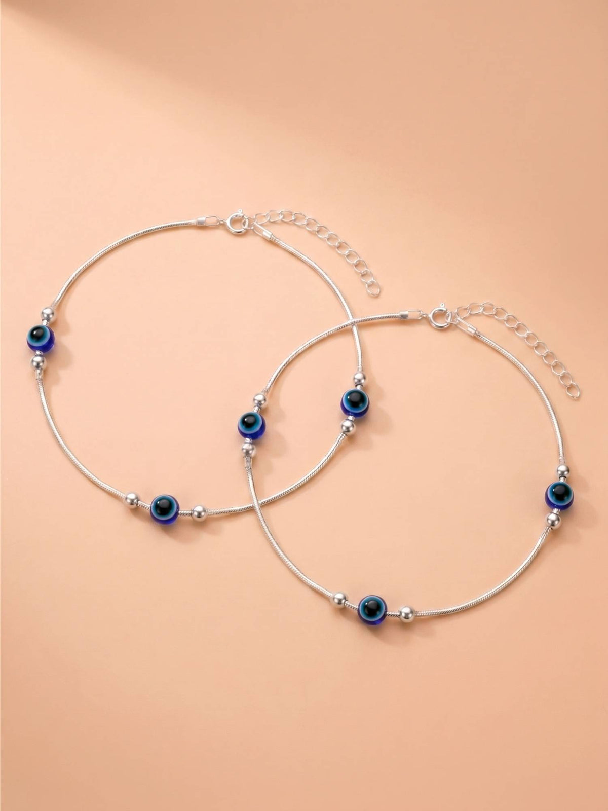 925 SILLER Pure Silver Blue Evil Eye Station Silver Snake Chain Anklet