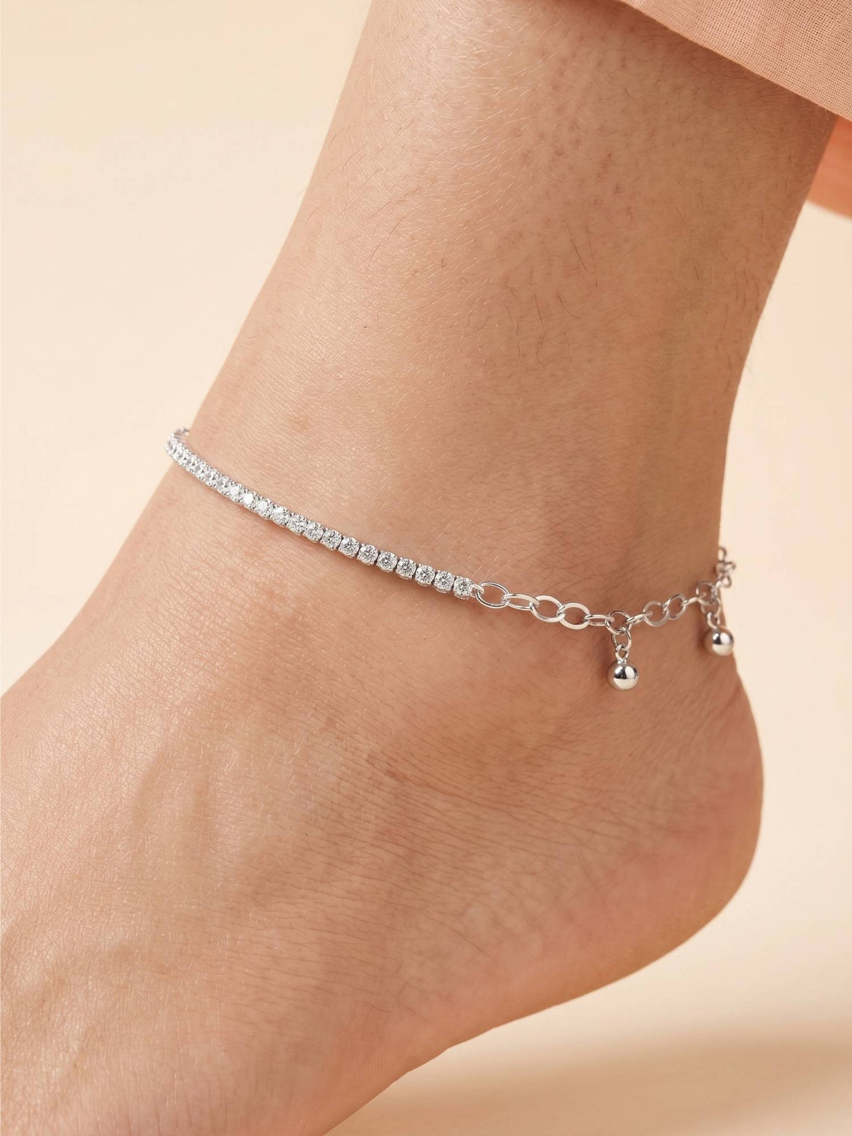 925 SILLER Pure Silver Half Tennis Chain and Beaded Link Hybrid Silver Anklet