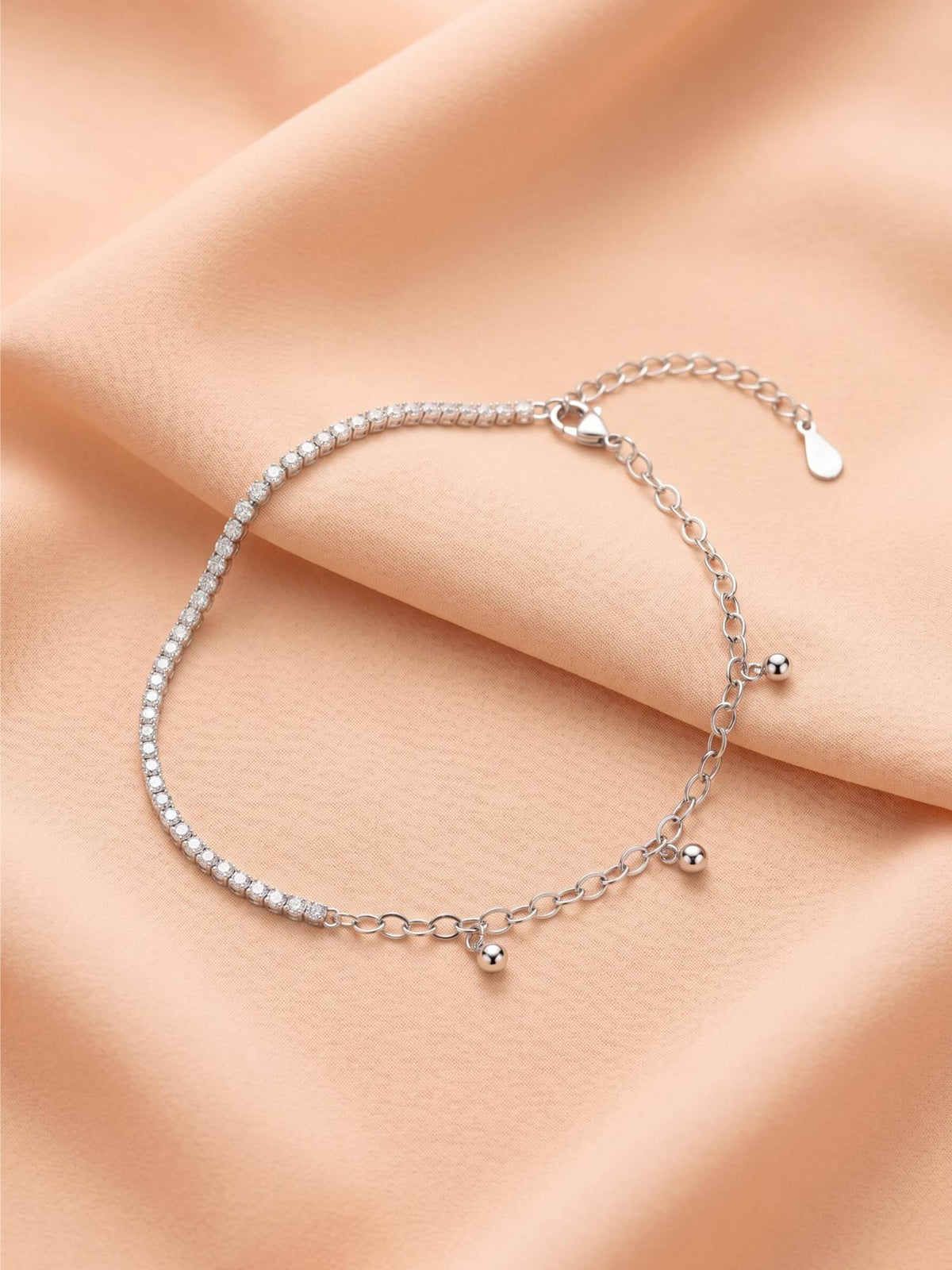 925 SILLER Pure Silver Half Tennis Chain and Beaded Link Hybrid Silver Anklet