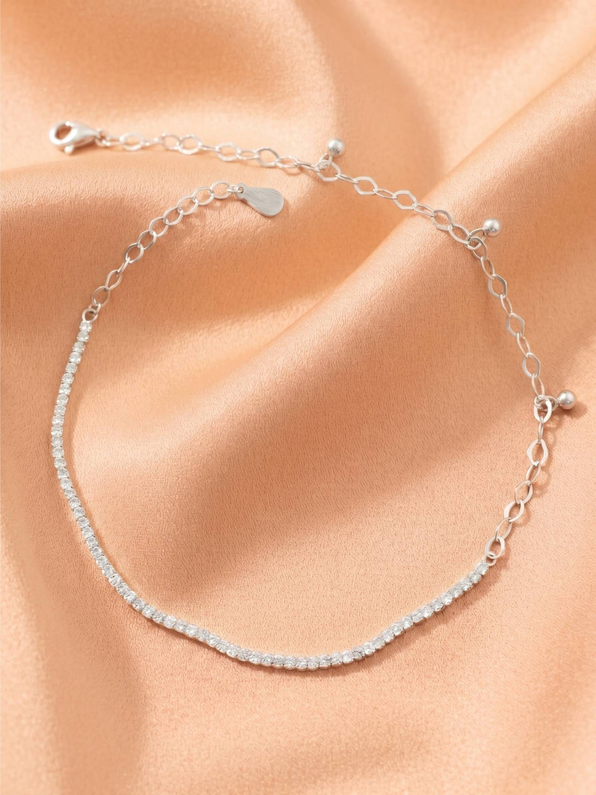 925 SILLER Pure Silver Half Tennis Chain and Beaded Link Hybrid Silver Anklet