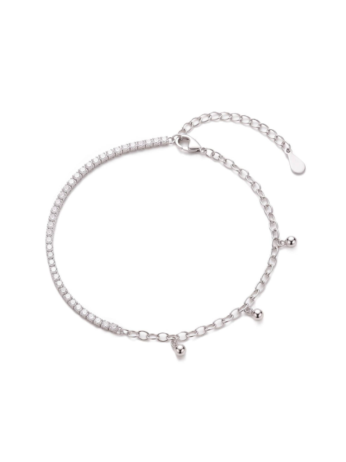 925 SILLER Pure Silver Half Tennis Chain and Beaded Link Hybrid Silver Anklet