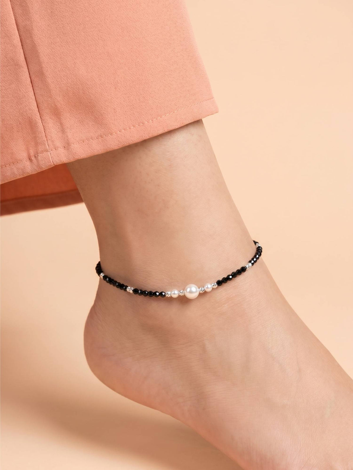 925 SILLER Pure Silver Pearl Centrepiece Black Crystal Beaded Silver Anklet