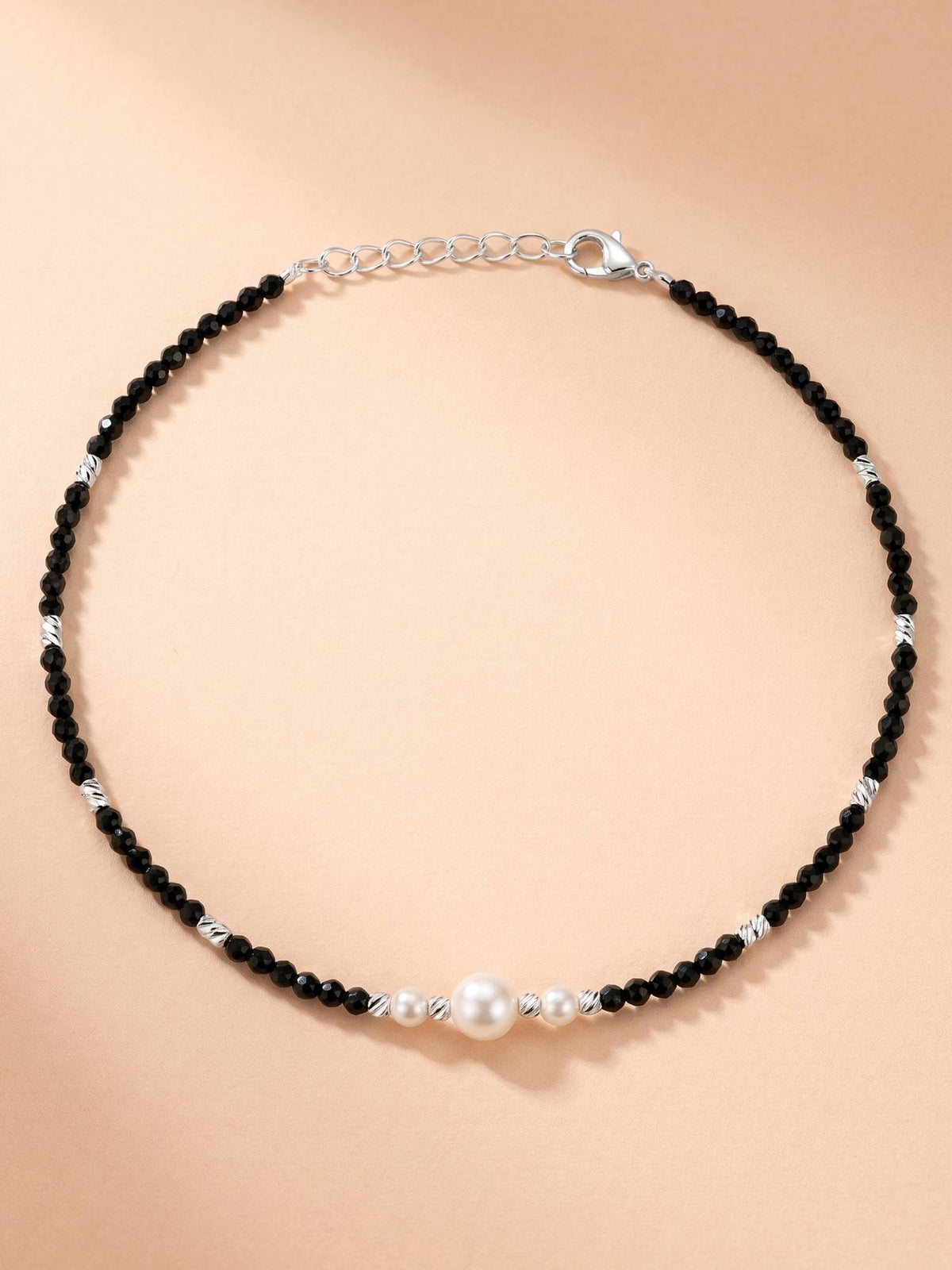 925 SILLER Pure Silver Pearl Centrepiece Black Crystal Beaded Silver Anklet