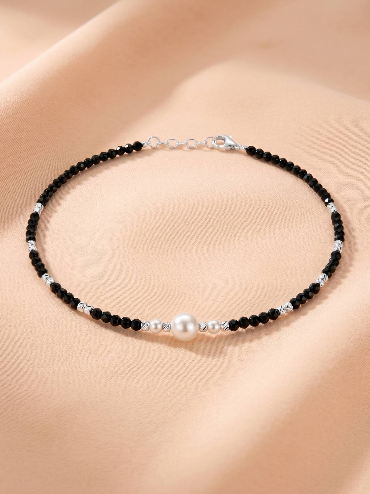 925 SILLER Pure Silver Pearl Centrepiece Black Crystal Beaded Silver Anklet