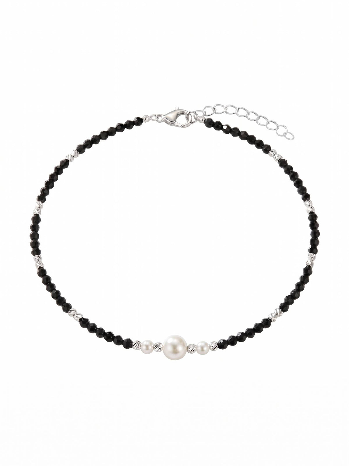 925 SILLER Pure Silver Pearl Centrepiece Black Crystal Beaded Silver Anklet