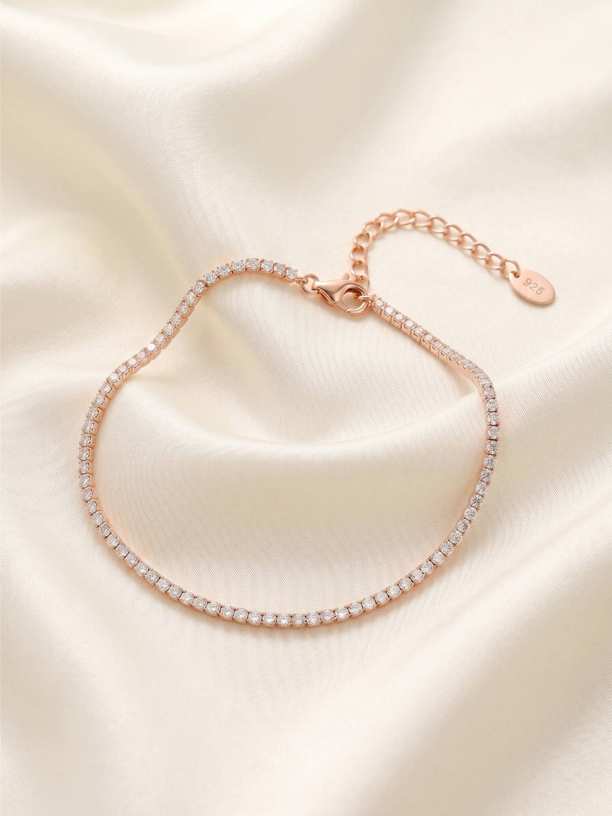 925 SILLER Pure Silver Classic Sparkle Cubic Zirconia Rose Gold Tennis Anklet