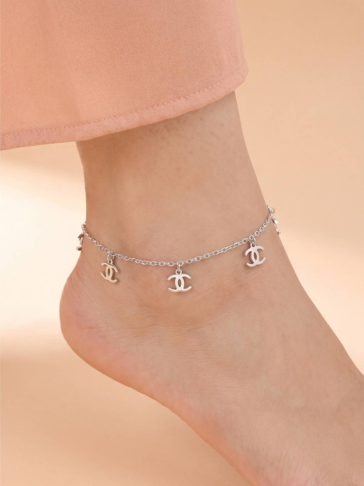 925 SILLER Pure Silver Interlocking C Logo Charm Silver Link Anklet