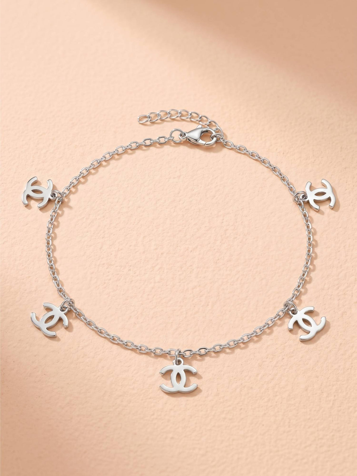 925 SILLER Pure Silver Interlocking C Logo Charm Silver Link Anklet