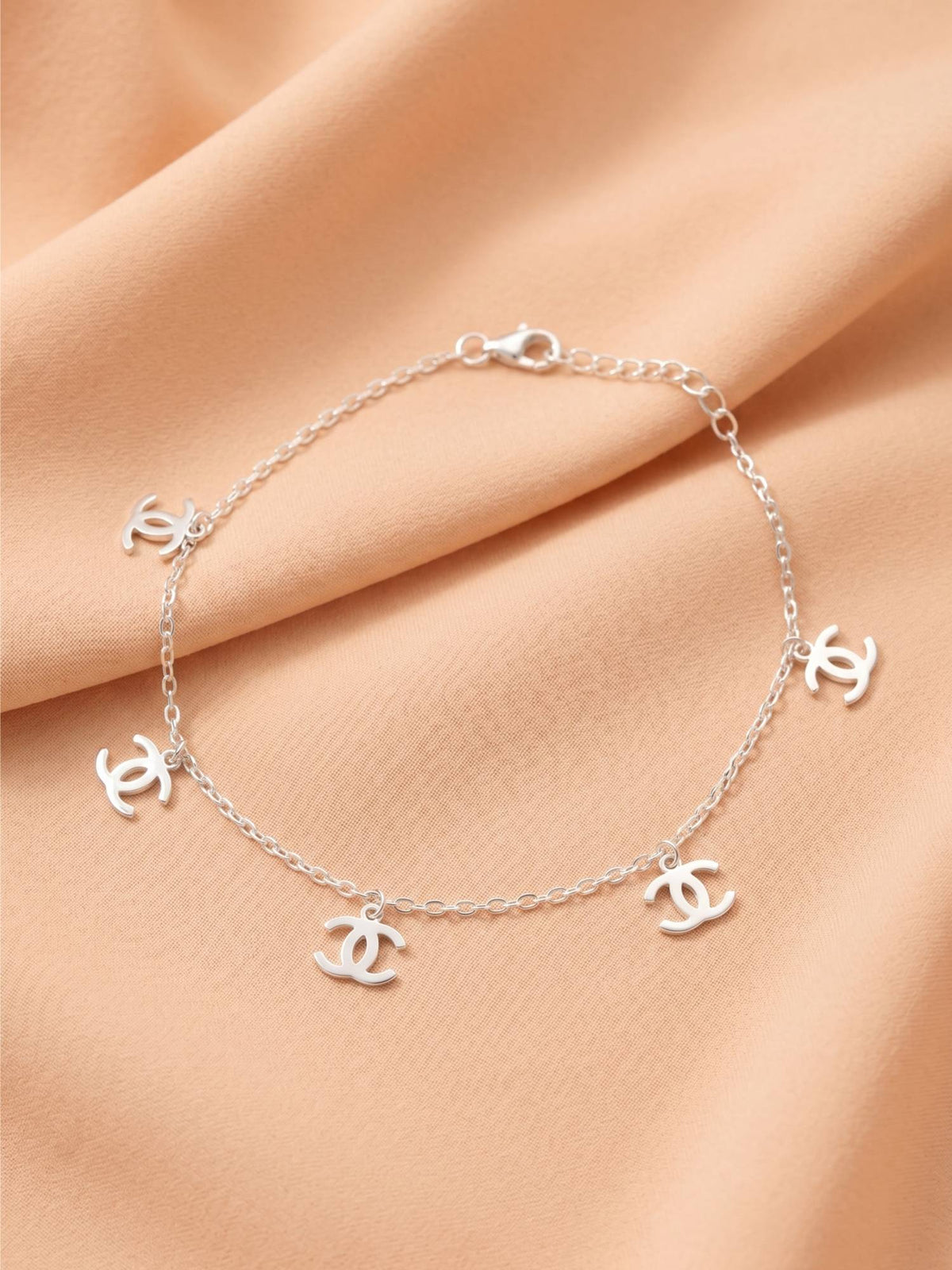 925 SILLER Pure Silver Interlocking C Logo Charm Silver Link Anklet