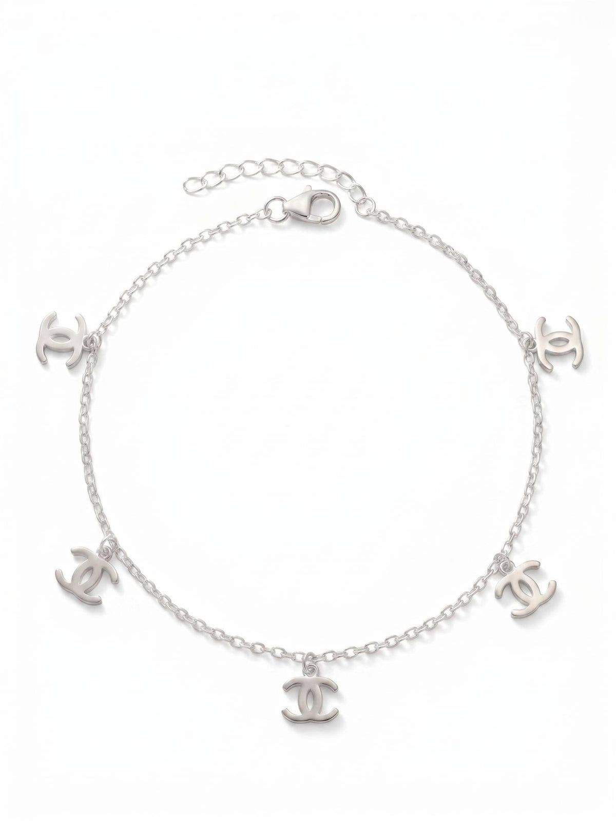 925 SILLER Pure Silver Interlocking C Logo Charm Silver Link Anklet
