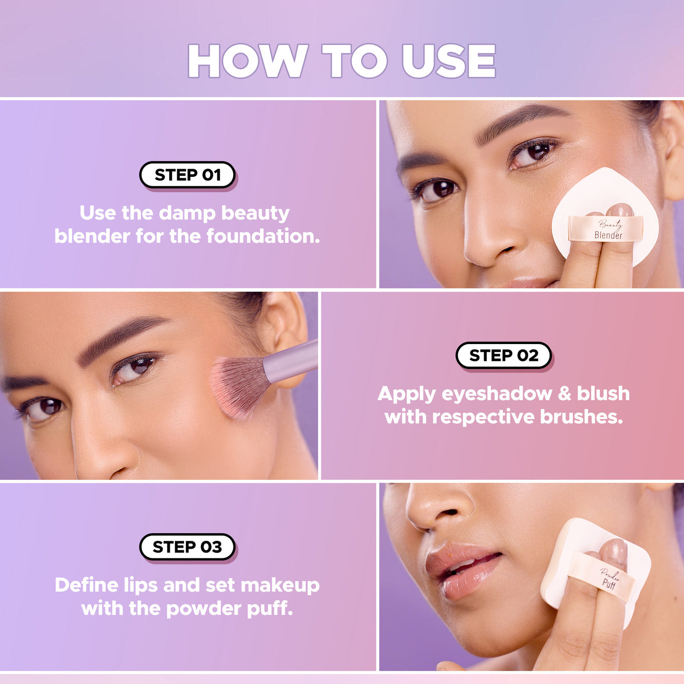 Play n Blend Brush Set Easy Blending | Eyeshadow Brushes | Blush Brush | Lip Brush | Beauty Blender | Powder Puff | Smart Bristles | Streak-Free Application