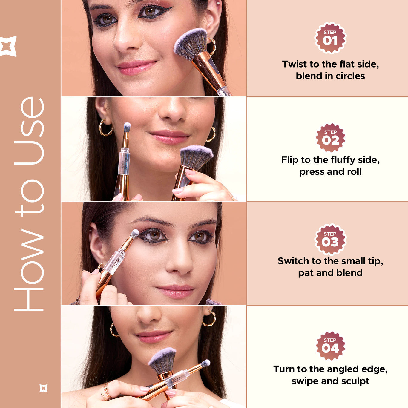 All-Rounder 4 in 1 Brush Travel-Friendly | Foundation Brush | Powder & Blending Brush | Eyeshadow Applicator | Contour Brush | Non-Absorbing Material