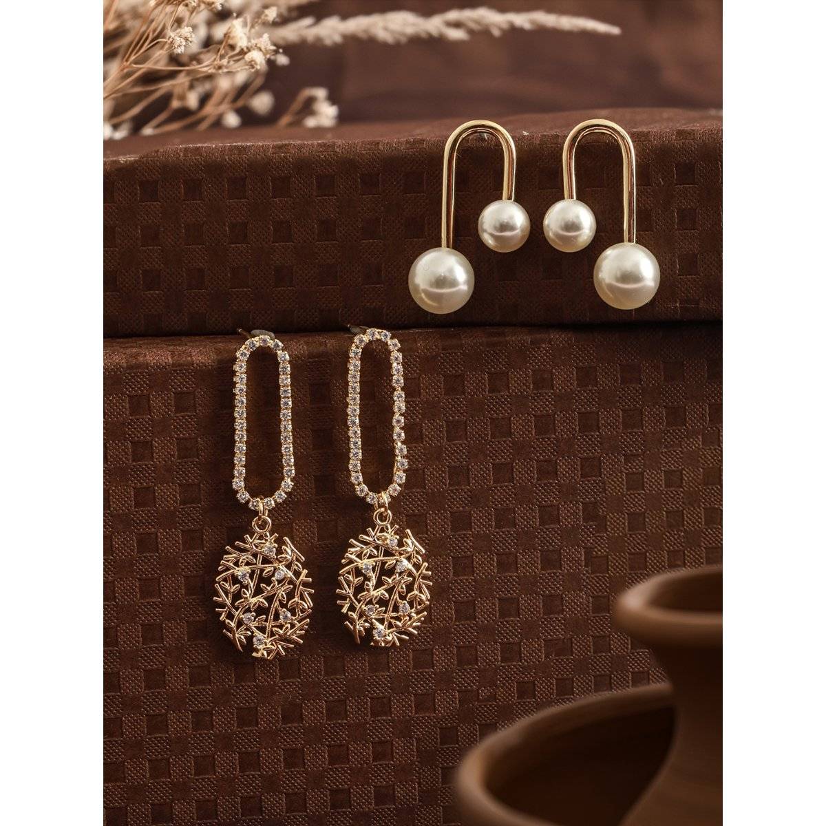 Aatmana White-Plated and Pearl Beaded Contemporary Drop Earrings (Pack of 2) · One Size