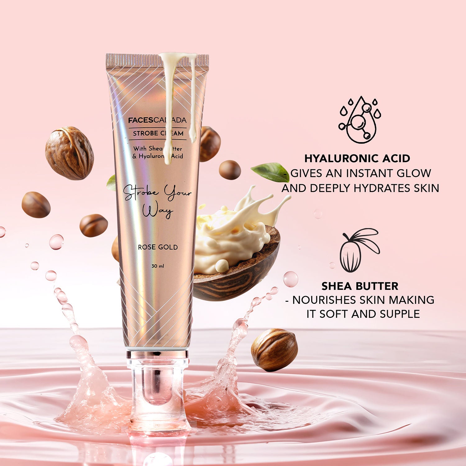 Faces Canada Strobe Cream, Pink - Primer + Highlighter + Moisturizer With Hyaluronic Acid (30ml)
