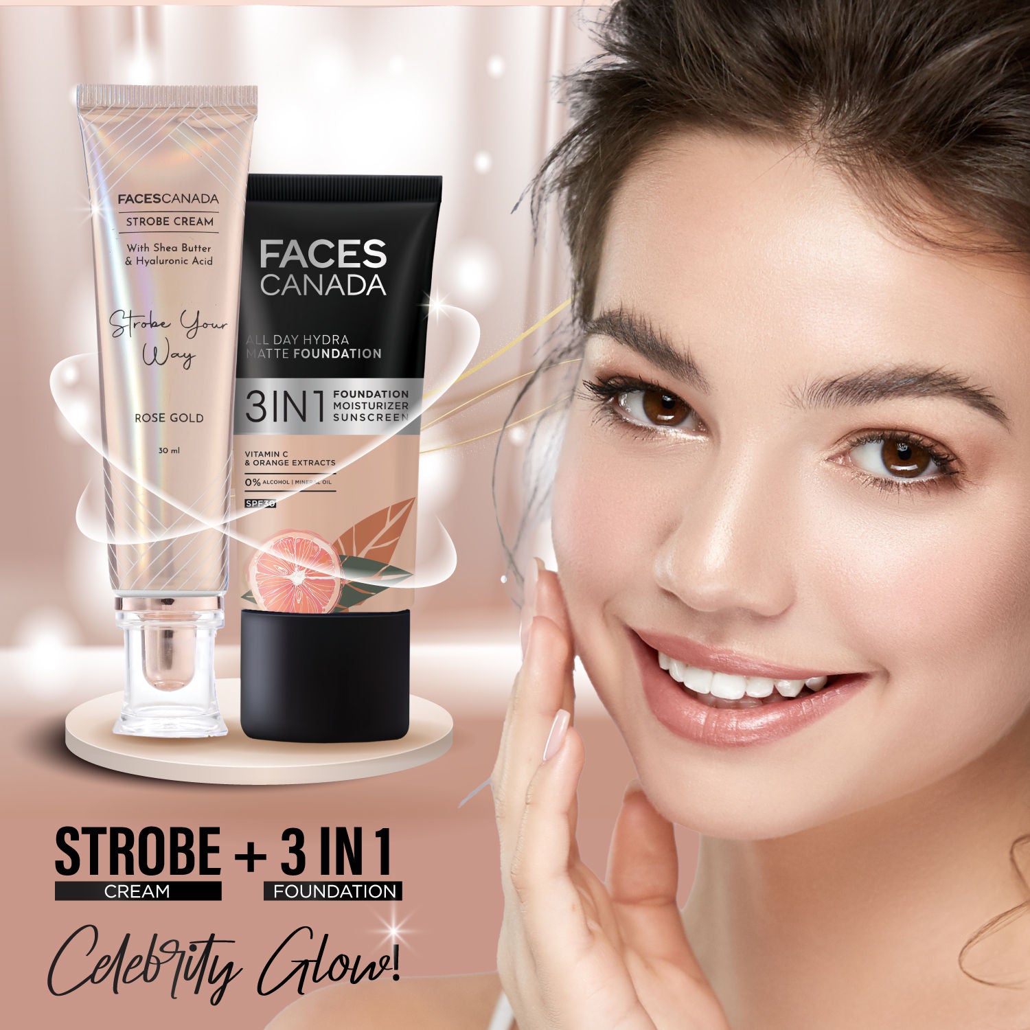 Faces Canada Strobe Cream, Rose Gold - Primer + Highlighter + Moisturizer With Hyaluronic Acid (30ml)