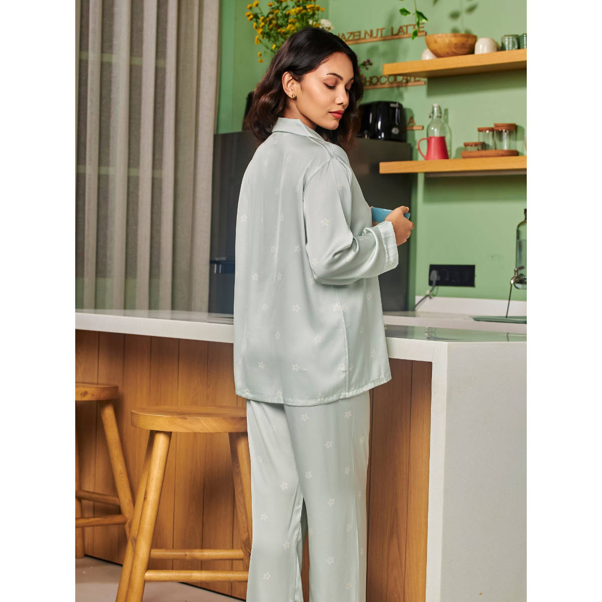 Addery Green Floral Printed Shirt with Pyjama (Set of 2) (M) · M