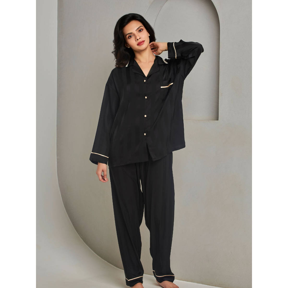 Addery Black Striped Shirt with Pyjama (Set of 2) (L) · L