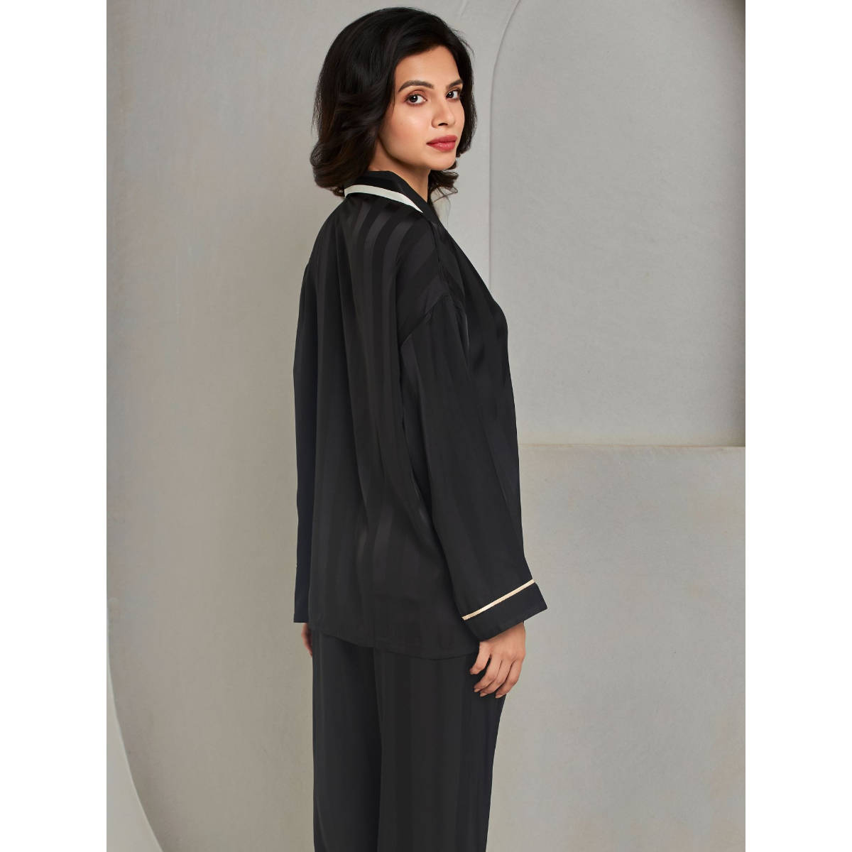 Addery Black Striped Shirt with Pyjama (Set of 2) (L) · L