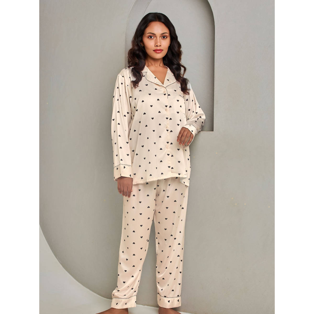Addery Cream Soft Silk Printed Shirt with Pyjama (Set of 2) (L) · L