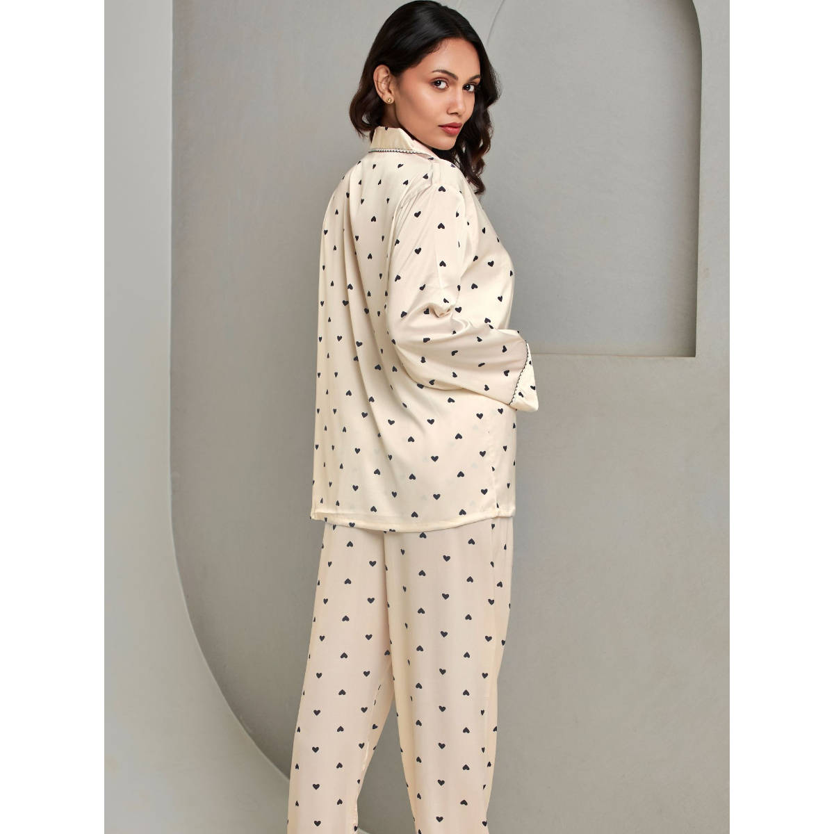 Addery Cream Soft Silk Printed Shirt with Pyjama (Set of 2) (L) · L