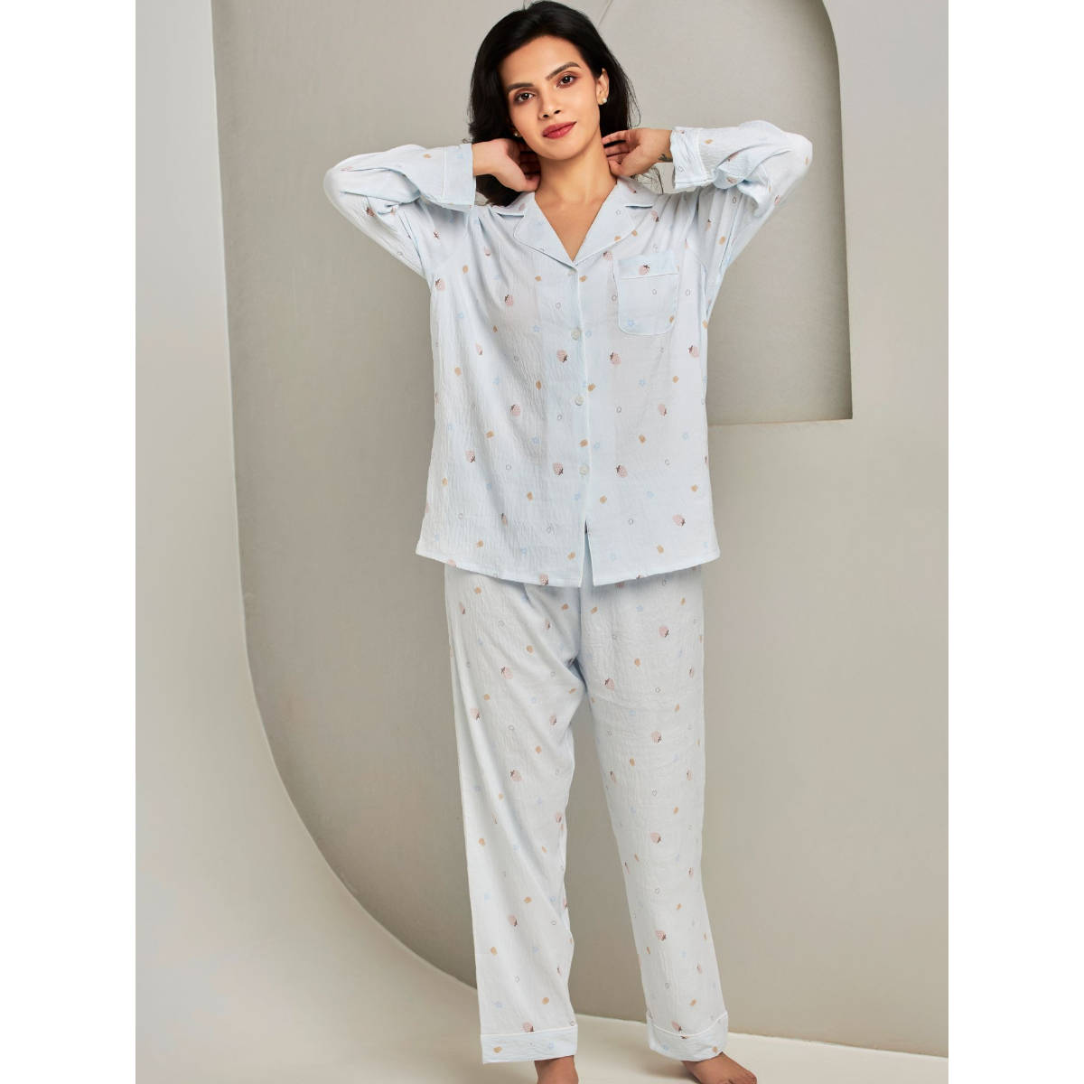 Addery Blue Printed Shirt with Pyjama (Set of 2) (L) · L
