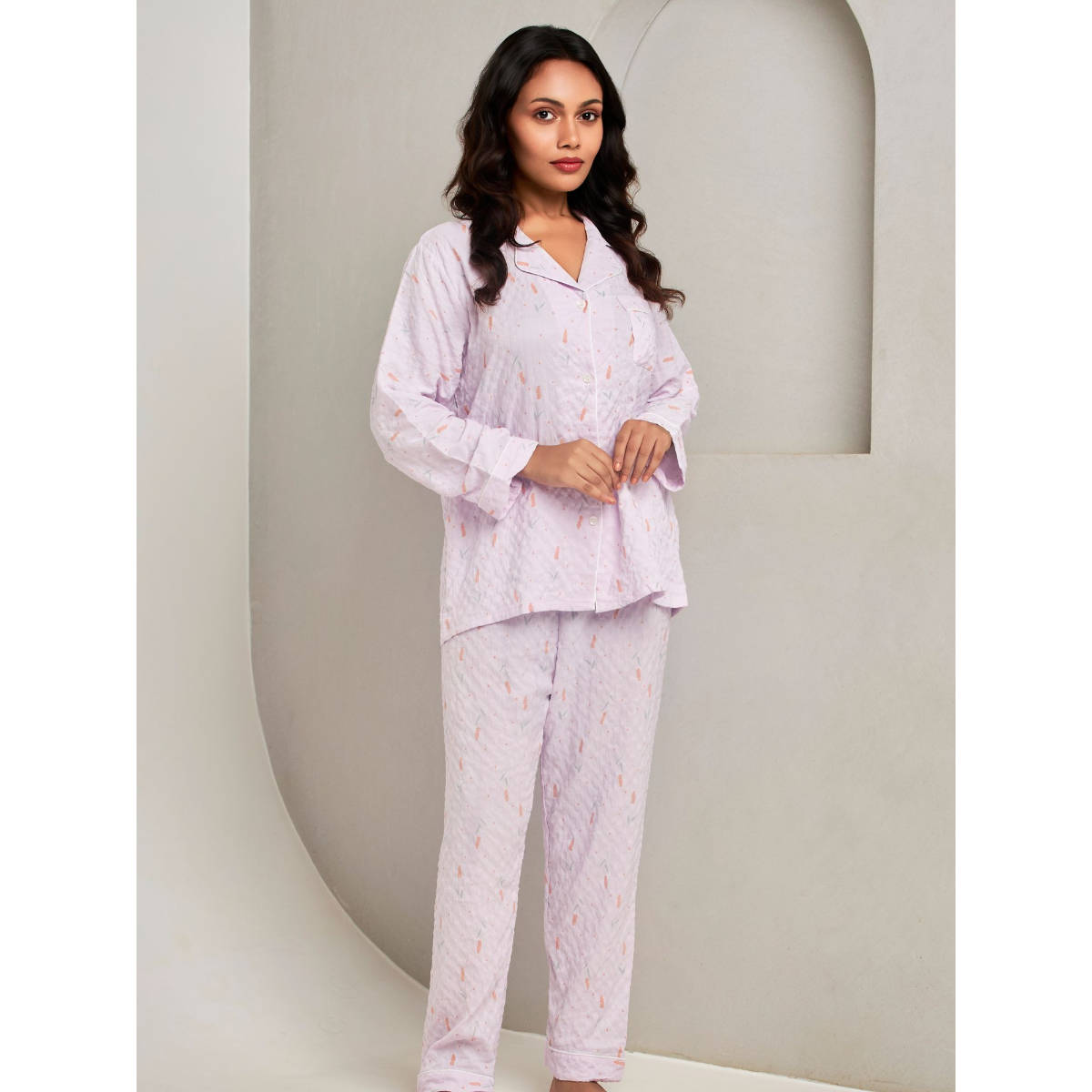 Addery Lavender Relaxed Fit Cotton Shirt with Pyjama (Set of 2) (M) · M