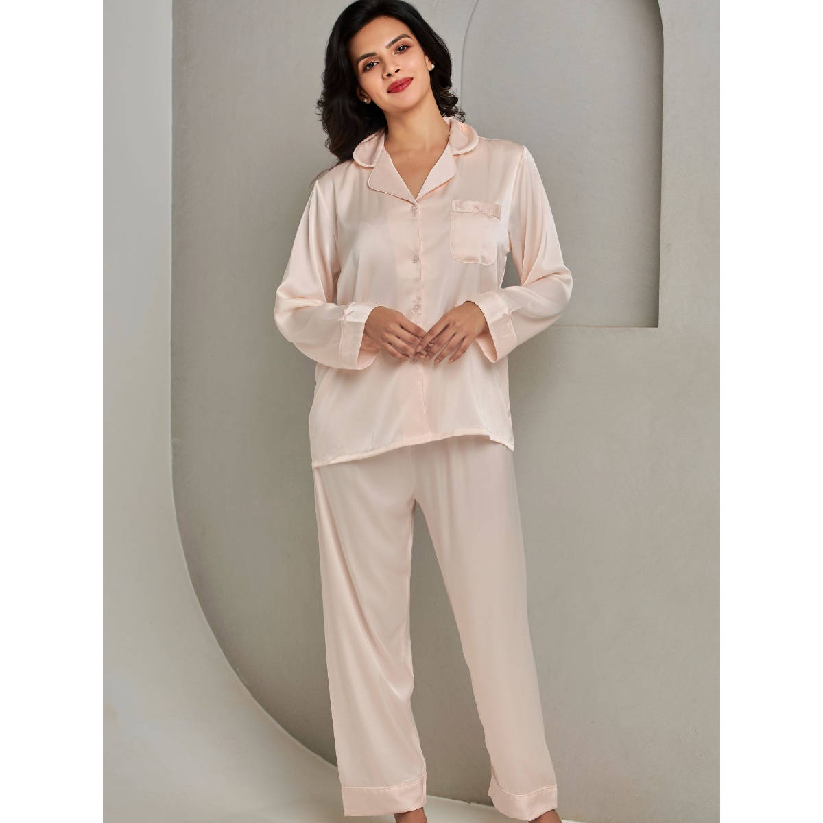 Addery Peach Solid Relaxed Fit Shirt with Pyjama (Set of 2) (M) · M