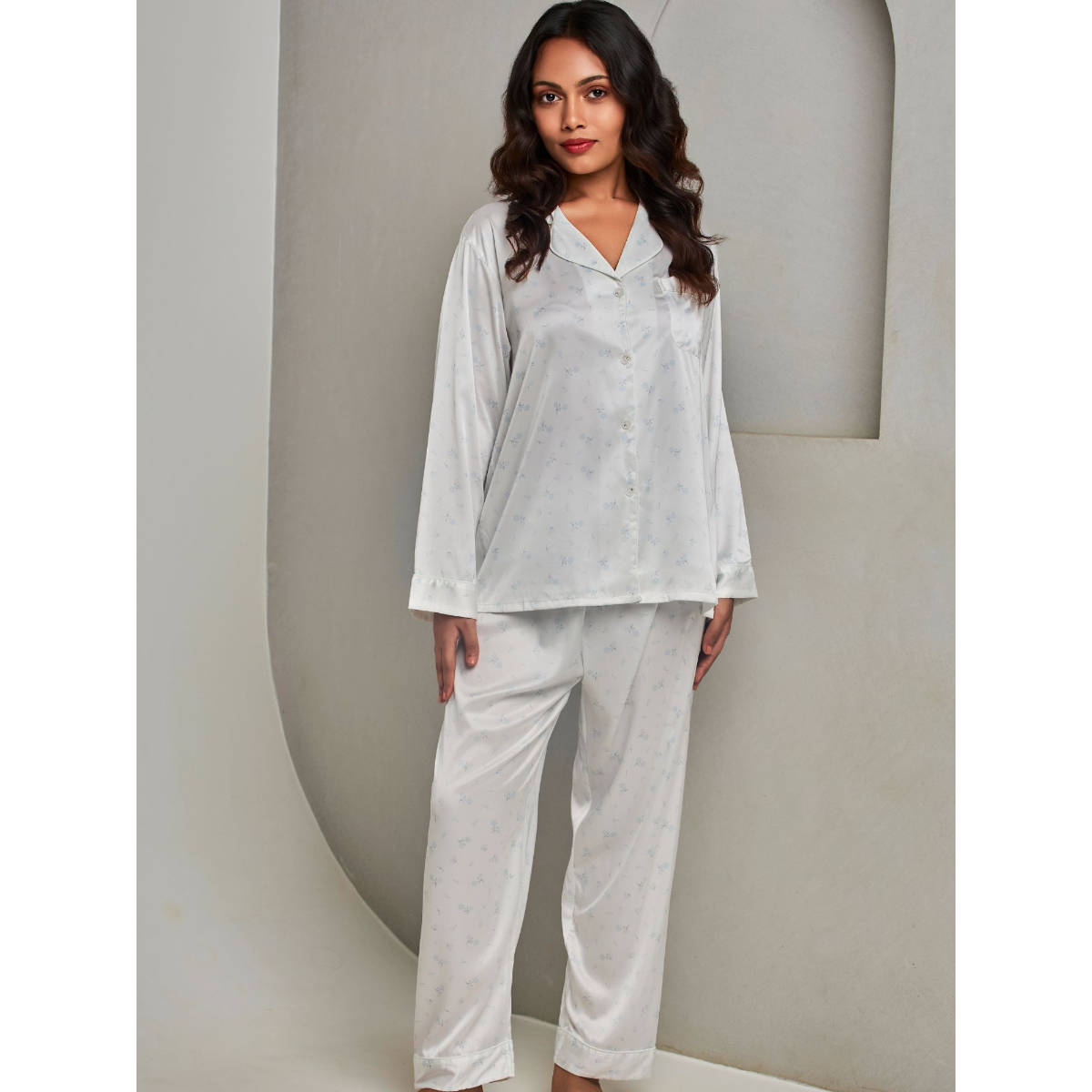 Addery White Floral Printed Shirt with Pyjama (Set of 2) (S) · S