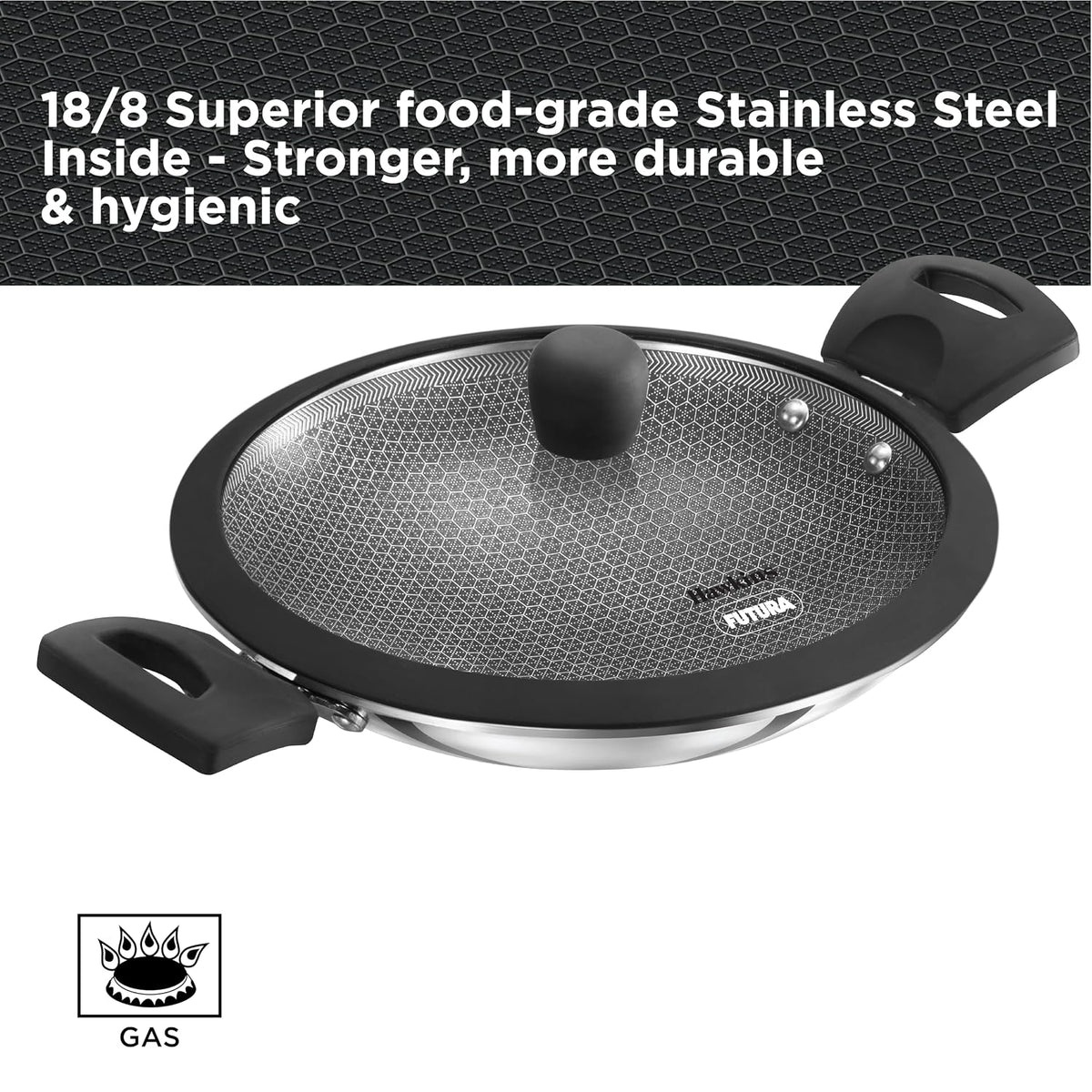 Hawkins 1.25L Breakfast Pan, Nonstick Triply Stainless Steel Appachatty with Glass Lid, Chetty Pan, Appam Patra, Honeycomb Round Bottom Small Kadai, Siler (NSA1