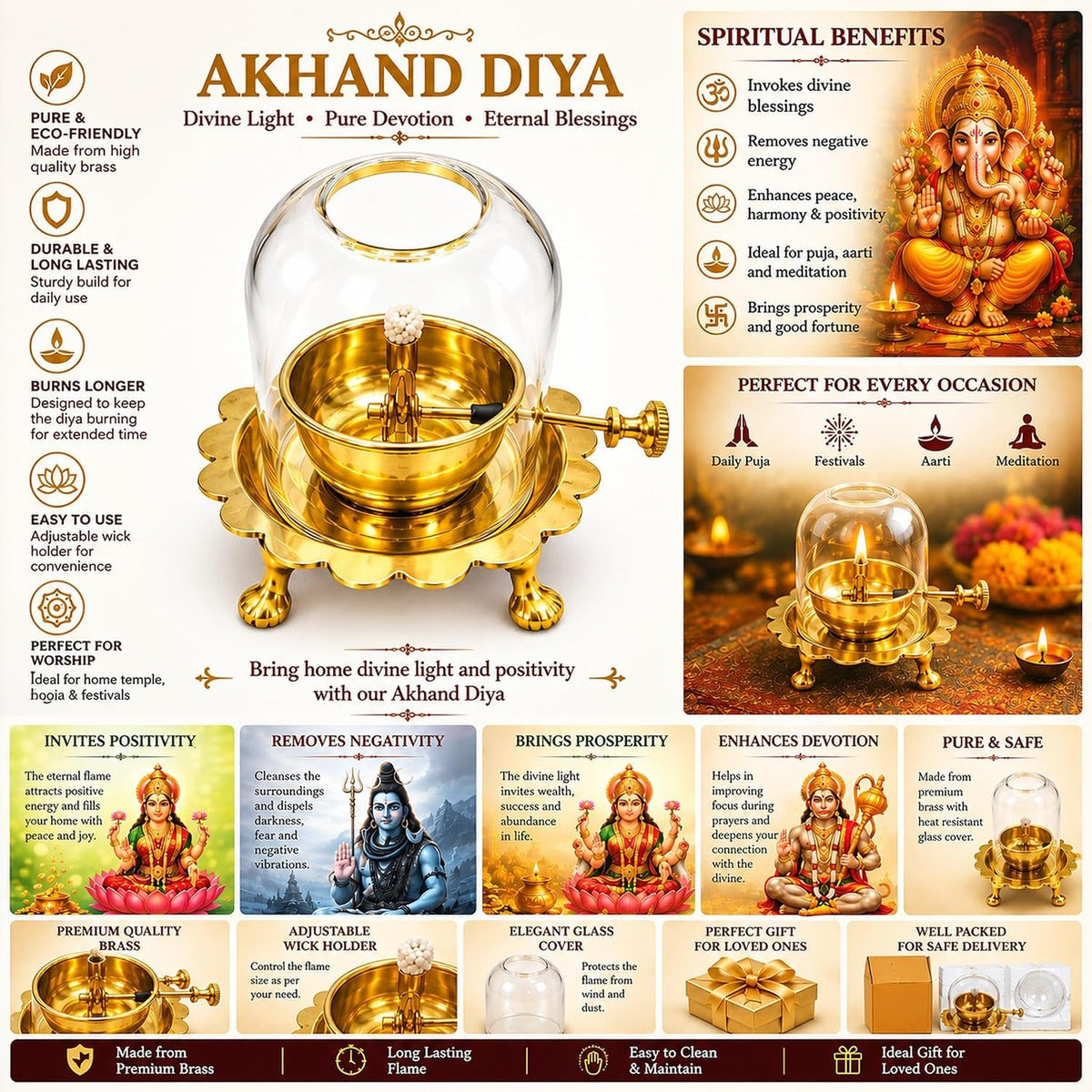 Brass Akhand Jyoti Diya Lamp with Adjustable Bati Knob Lifting Screw Wick Holder & Glass Chimney 30 ml Oil Capacity with 12 Hours Burning time with Small Size