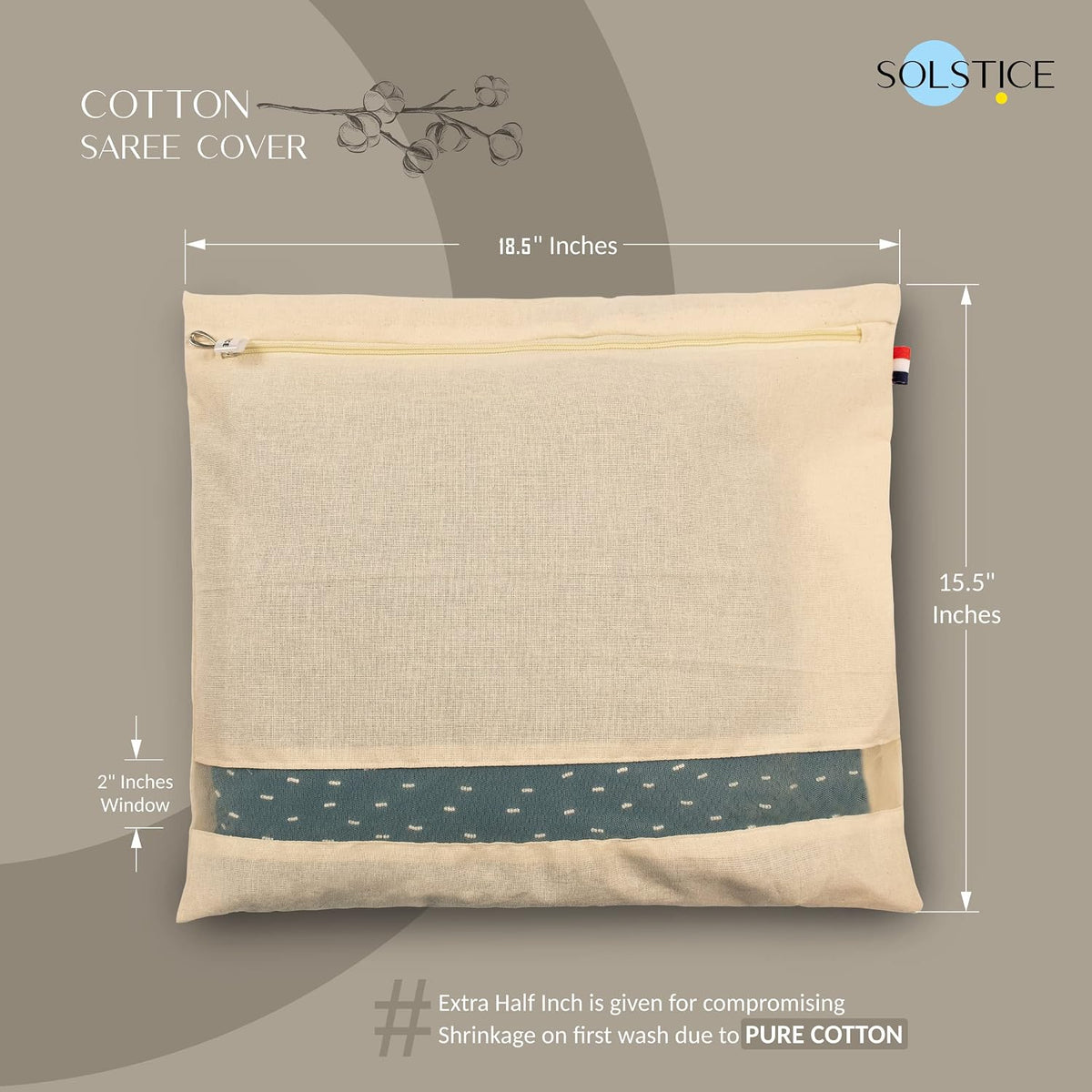 SOLSTICE cotton big saree covers/bags for storage single (18 x 15 Inches) for big silk sarees, lehengas, clothes with Zipper Closure (with Window - Pack of 10),