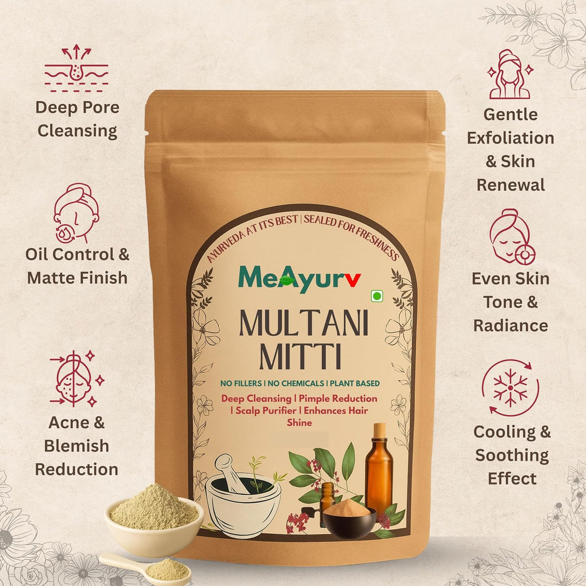 Multani Mitti Powder (Fuller’s Earth Clay) 55g | 100% Pure & Natural Indian Healing Clay for Face Pack & Hair Care – Detoxifying Skin Cleanser, Oil Control Mud