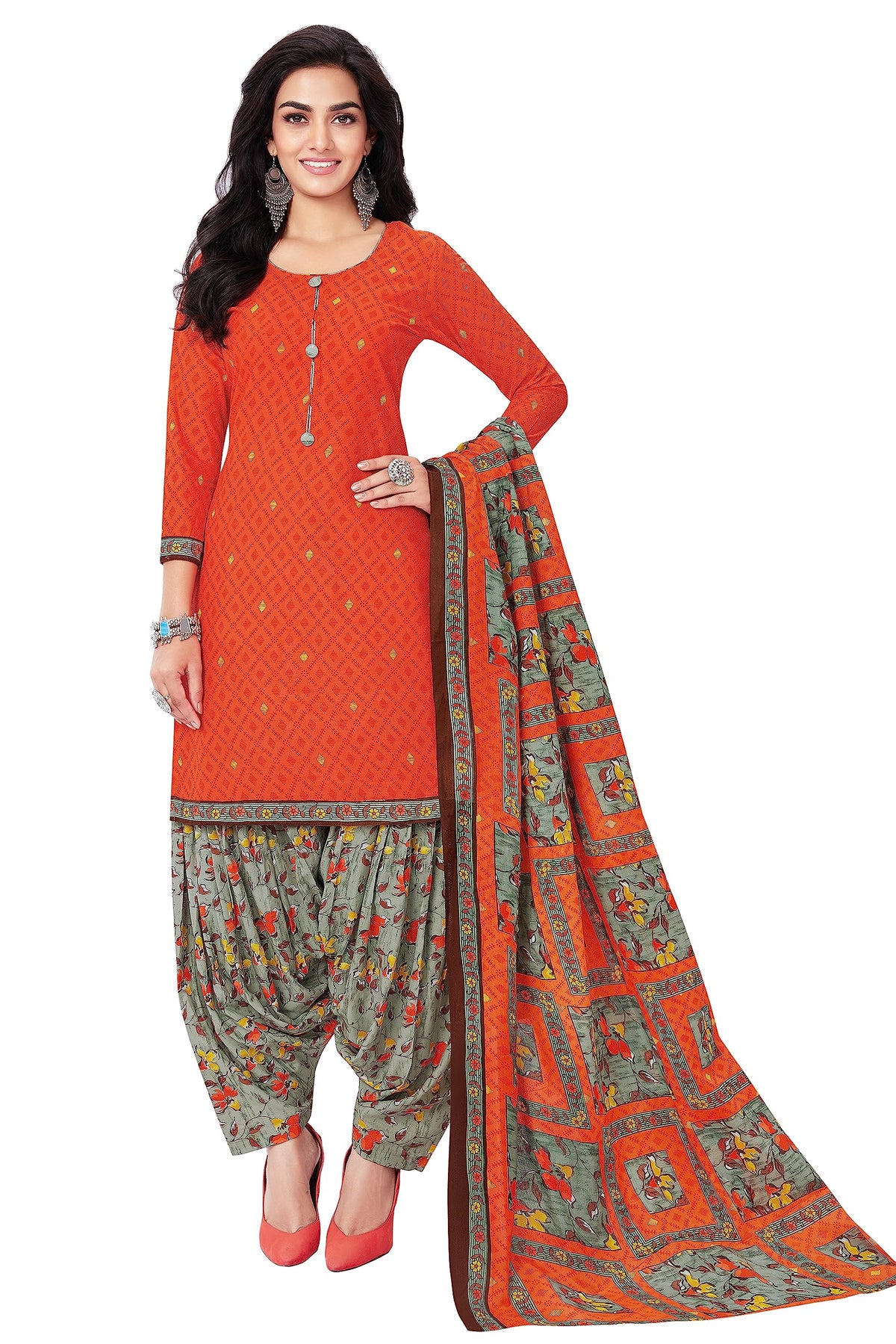 Miraan Cotton Printed Readymade Salwar Suit For Women (BANDCOLOR1740) S Orange