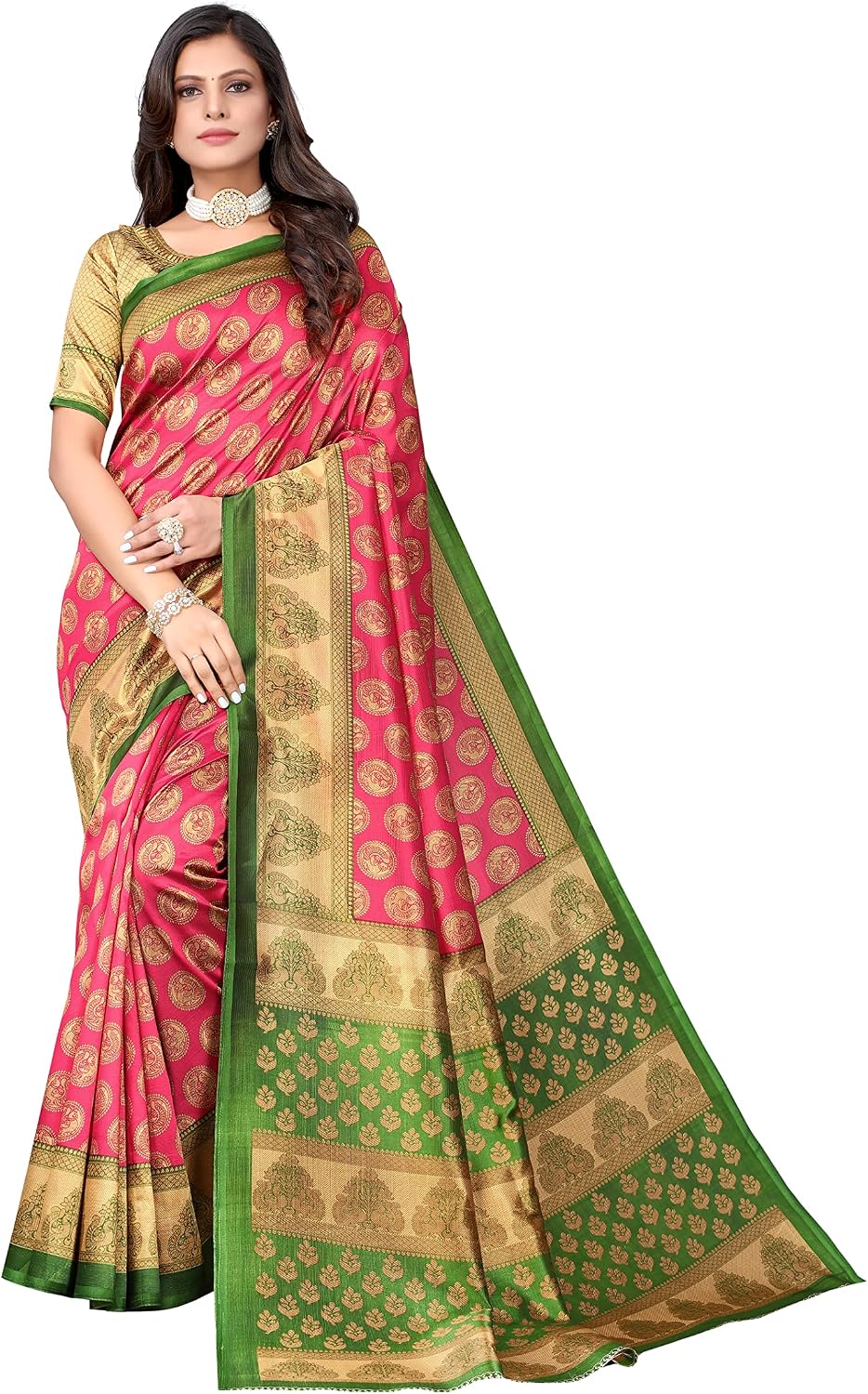 Yashika Sarees Sarees Women's Printed Silk Sarees with Blouse Unstitched 3 Piece Set Taille unique Multicoloured 11