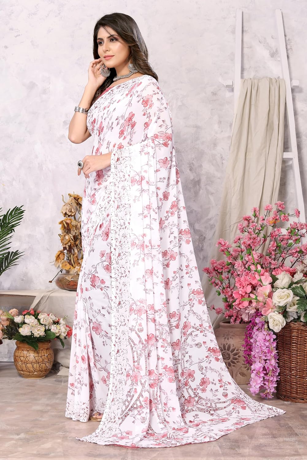 Yashika Women's Fashion Red Georgette Saree with Blouse Peach