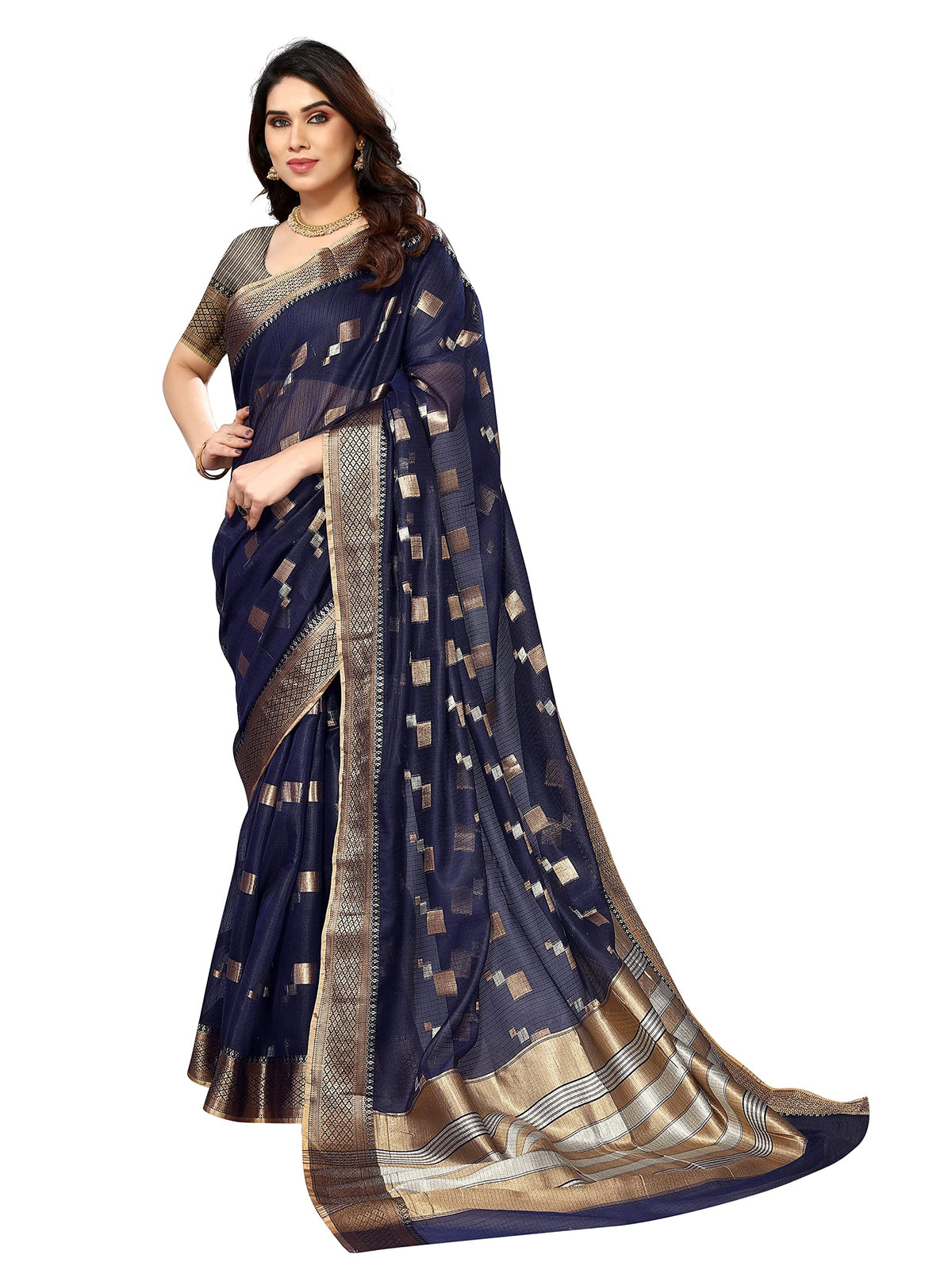 Sidhidata Women's Kota Doria Cotton Manipuri Jacquard Boarder Saree With Unstitched Blouse Piece (Box Butta) Navy Blue