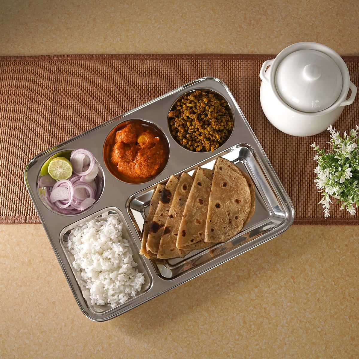 Sumeet Stainless Steel Rectangular 5 in 1 Compartment Lunch/Dinner Plate 1Pc, 37.4cm Dia, Silver BIG 1PC