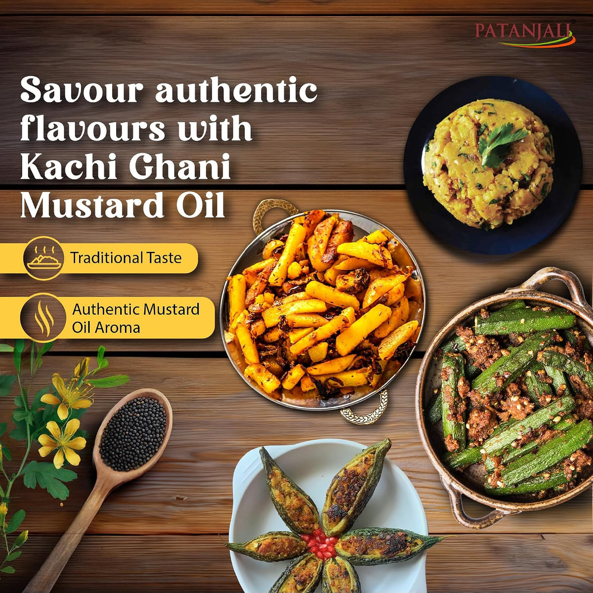 Patanjali Kachi Ghani Mustard Oil 5L - Cold Pressed Sarson Ka Tel Edible Cooking Oil | Suitable for Tempering Frying & Pickling | 100% Vegetarian | No Additives