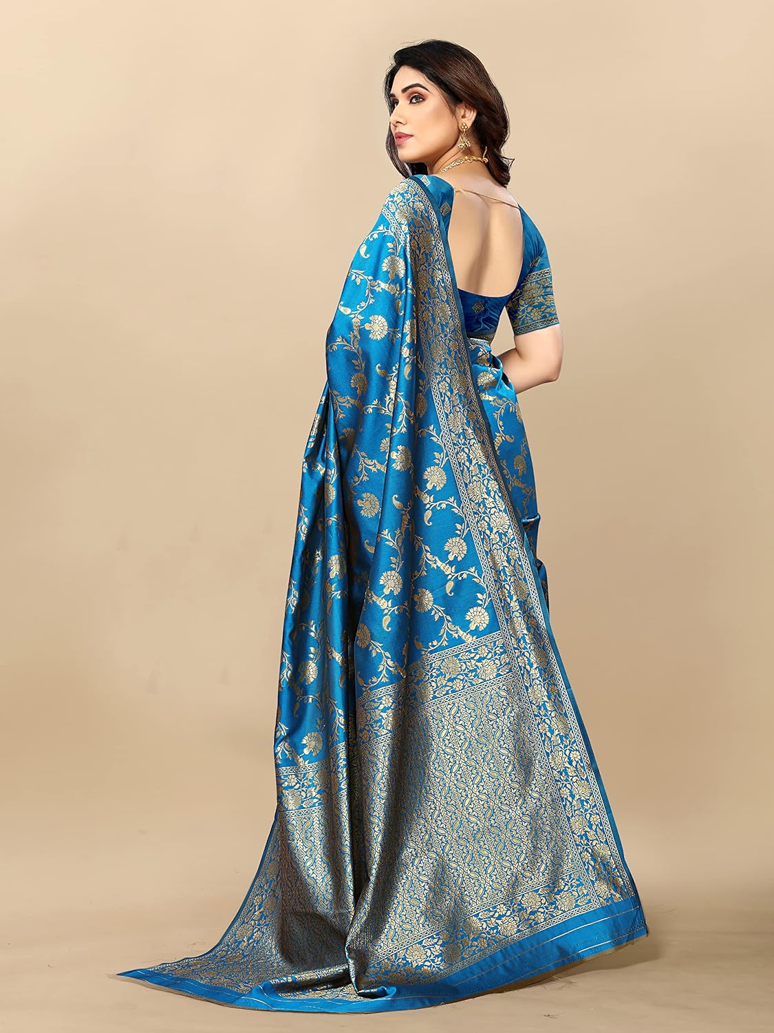 Sidhidata Women's Kanjivaram Banarasi Jacquard Silk Saree With Blouse Piece (Free Size) Sky Blue