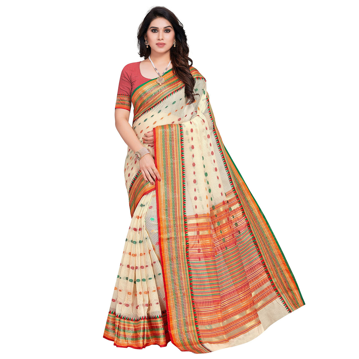 Sidhidata Women's Kota Doria Cotton Manipuri Saree With Unstitched Blouse Piece Cream