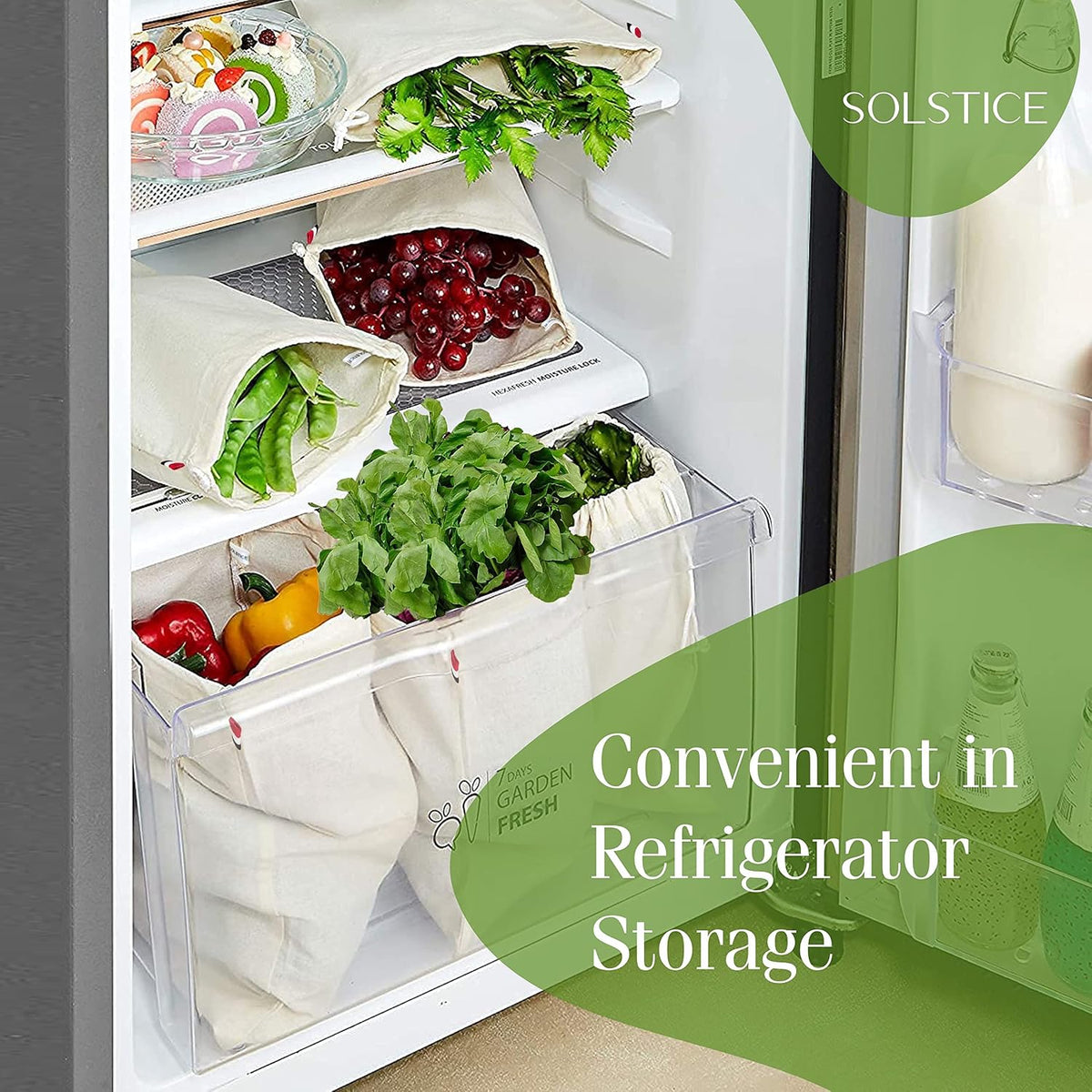 SOLSTICE Cotton Muslin Fridge Storage Bags for Vegetables and Fruits Kitchen | Washable, Reusable, Multipurpose Storage and Straining bags - Set of 10 ( 5 large