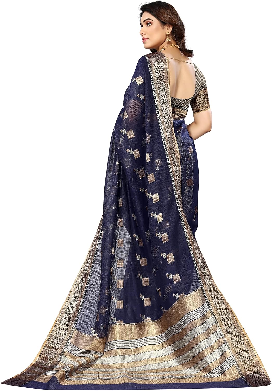 Sidhidata Women's Kota Doria Cotton Manipuri Jacquard Boarder Saree With Unstitched Blouse Piece (Box Butta) Navy Blue