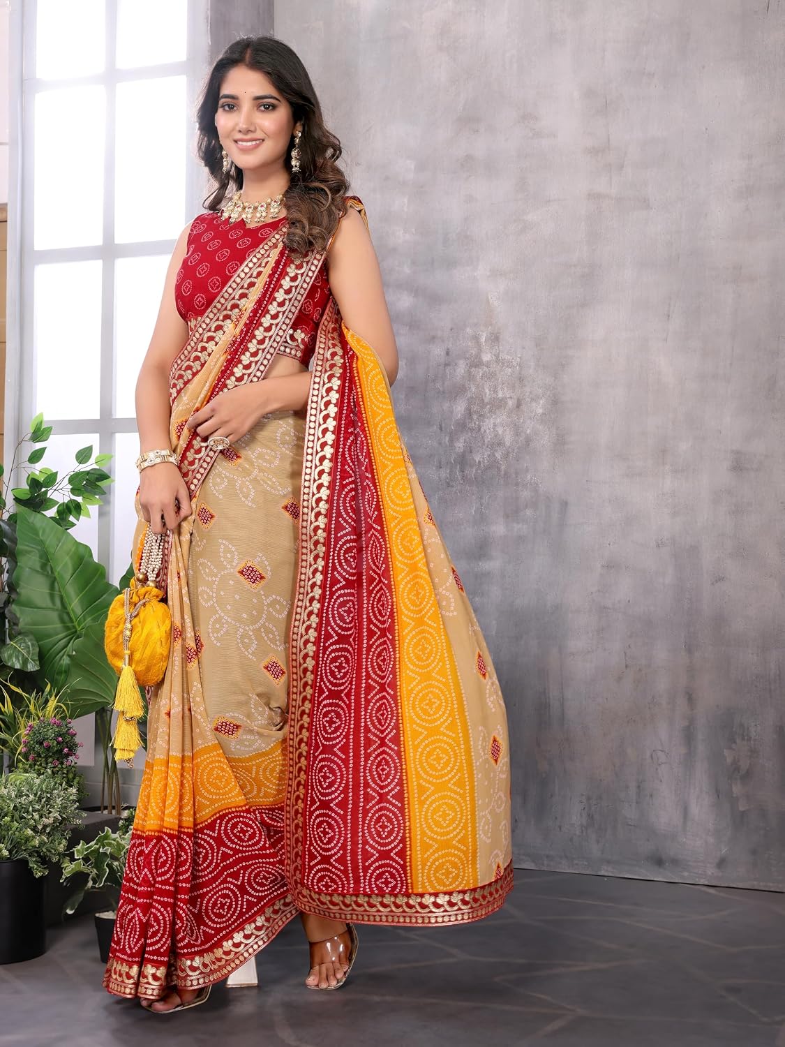 Yashika Women's Ethnic Georgette Saree with Lace and Blouse Chiku Bordeaux