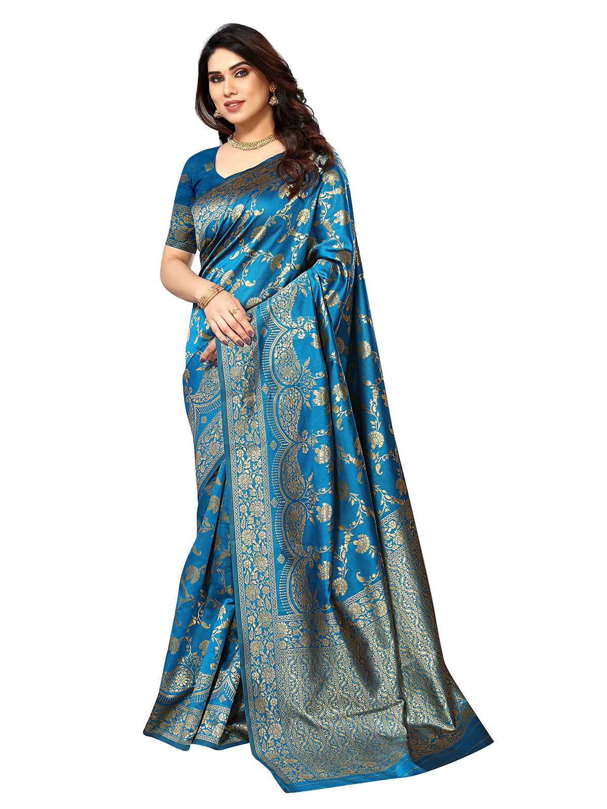 Sidhidata Women's Kanjivaram Banarasi Jacquard Silk Saree With Blouse Piece (Free Size) Sky Blue