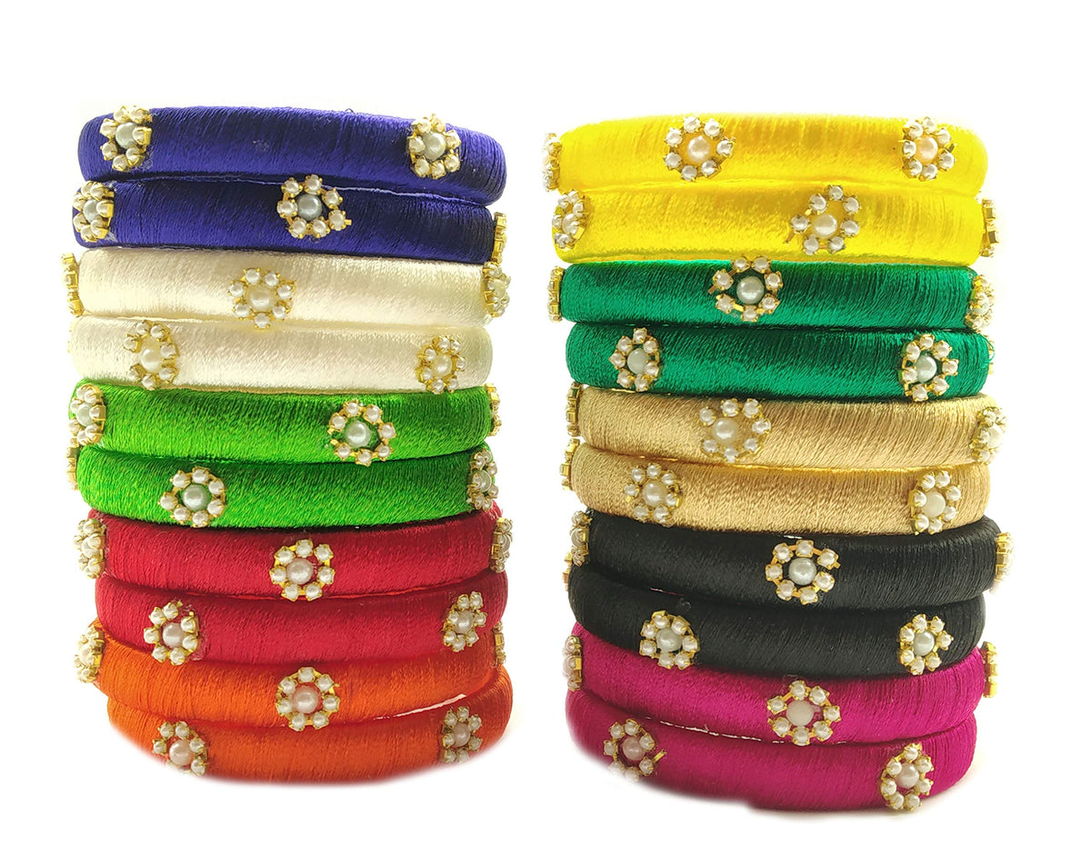 GOELX Silk Thread Bangles Set Multicolor Pearl Embellished 20 kada Bangles Set (Multicolor, 2.4) Multicolor 2.4
