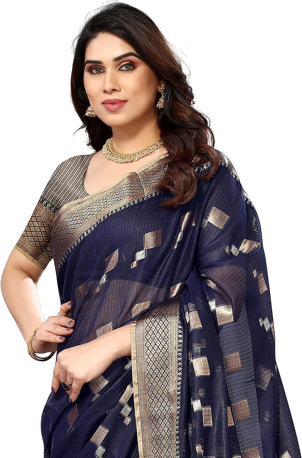 Sidhidata Women's Kota Doria Cotton Manipuri Jacquard Boarder Saree With Unstitched Blouse Piece (Box Butta) Navy Blue