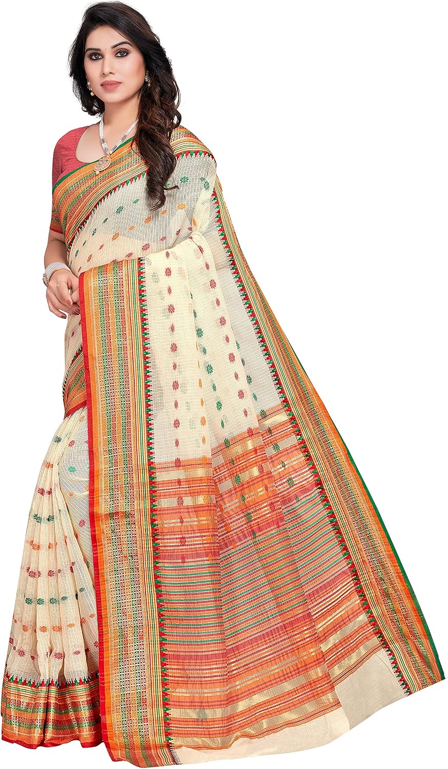 Sidhidata Women's Kota Doria Cotton Manipuri Saree With Unstitched Blouse Piece Cream