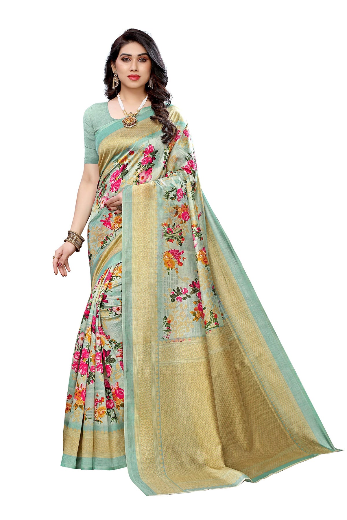 Yashika Women Art Silk Lace Printed Saree Free Size (AIR), Green, One Size