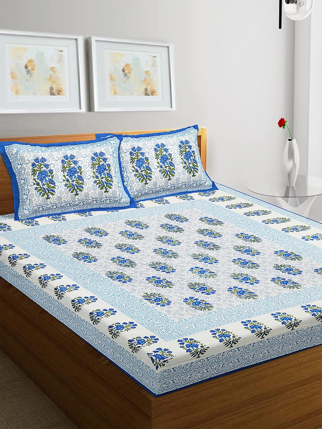 RajasthaniKart® Ethnico Pure 100% Cotton Double Bed Sheet with 2 Pillow Covers (Bedsheet for Double Bed Cotton, Blue, Paisley) Blue Double