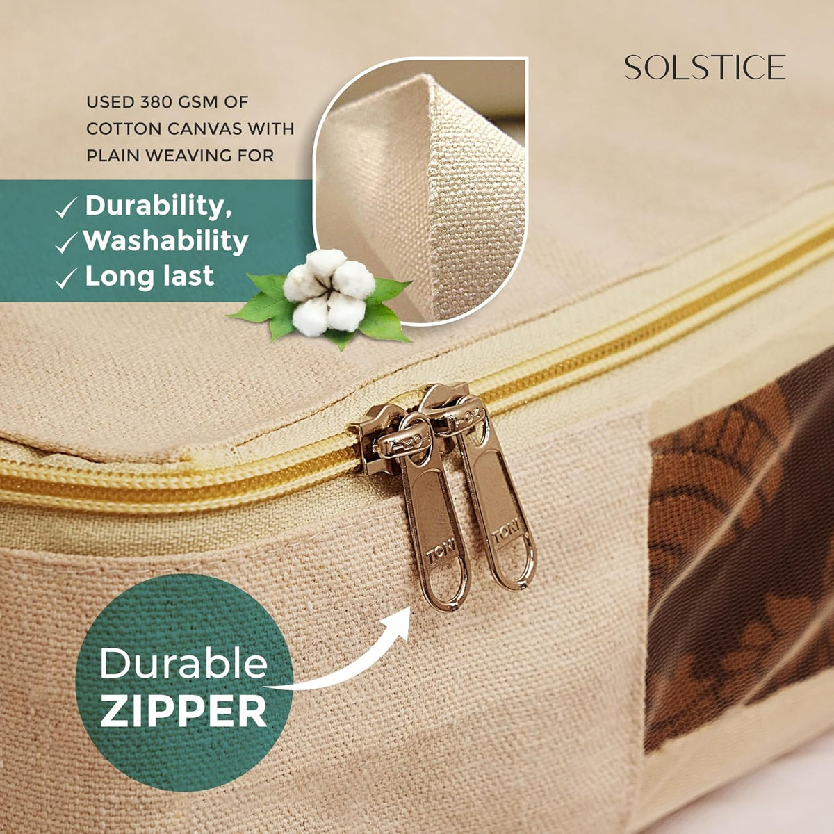 SOLSTICE Cotton Canvas Clothes Storage Bags/Saree Covers with Zip for Storage Specially Design for Woman Dresses, Sarees, Lehengas for Wardrobe Organizer (16 x